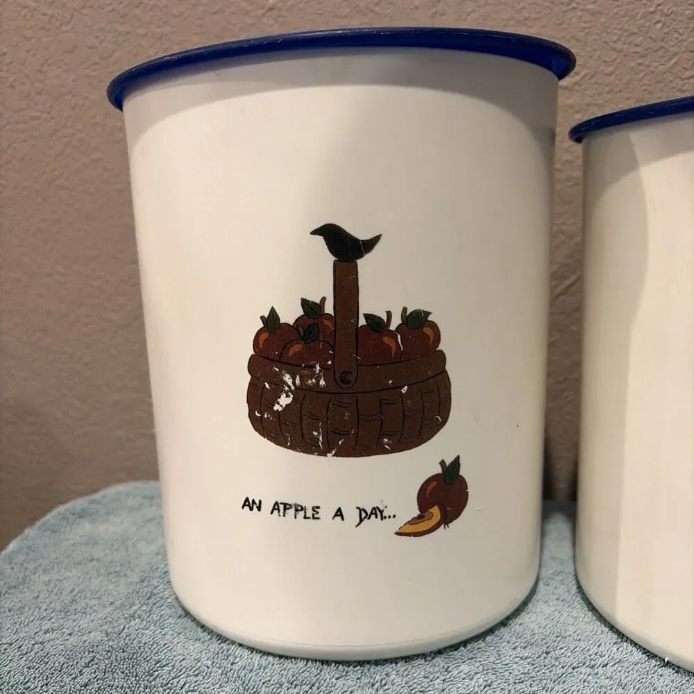 VINTAGE TUPPERWARE “An Apple a Day” WHITE/BLUE TOPS SET OF 3 ONETOUCH CANISTERS